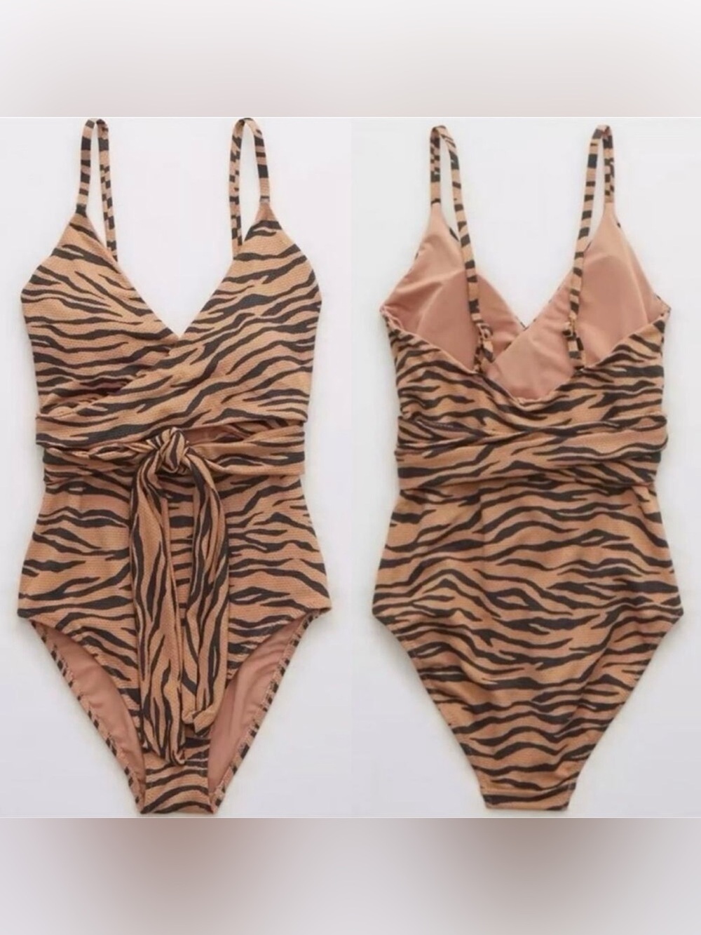 Aerie Pique Animal Print Wrap One Piece Swimsuit NWT L Long Full Coverage Tiger